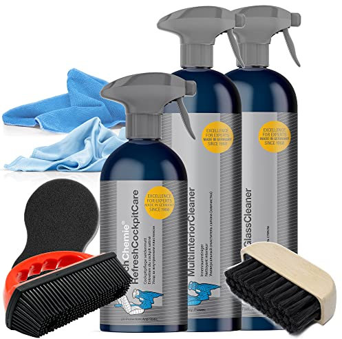 detailmate Fahrzeug Innenreinigung Set: Koch Chemie Refresh Cockpit Care 0,5L + Multi Interior Cleaner 0,75L + Speed Glass Cleaner 0,75L - Applikationsschwamm - Gummibürste - Mikrofasertuch