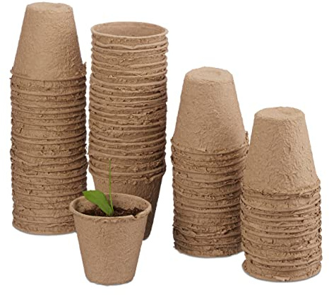 Relaxdays Odlingskrukor i set, biologiskt nedbrytbara, för växter, 80 stycken växtkrukor, cellulosa, runda, 8 cm, beige