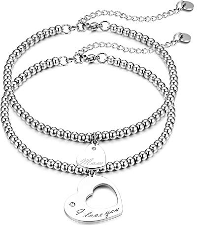 JewelryWe Damen Armband Herz Fußkettchen Edelstahl Liebe Herz Kugel Perlen Charmsarmband Armkette Fußkette Gravur Geschenk für Frau Mädchen