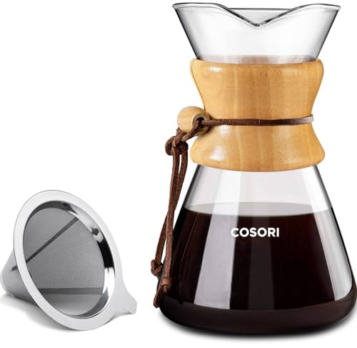 Cosori Pour Over Coffee Maker with Double Layer Stainless Steel Filter, 8-Cup, 34oz, Drip Coffee Maker, Coffee Dripper Brewer, High Heat Resistant Carafe, also for Camping, Hiking