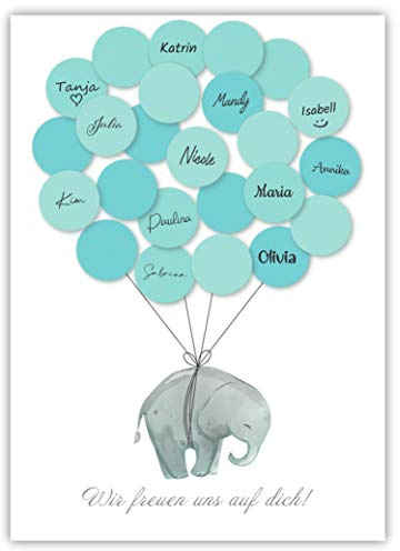 Pandawal Babyparty Deko Junge Elefant Gästebuch Alternative (blau) Gastgeschenk Baby Shower Set Taufe Pullerparty Erinnerungsstück/Andenken beschreibbar/Fingerabdruck