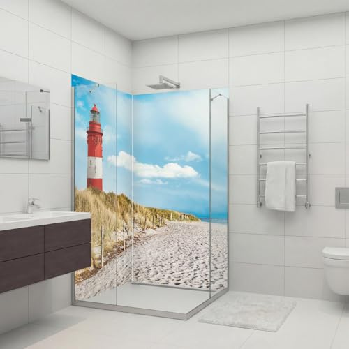 Dedeco 2x Premium Bad Duschrückwand mit Motiv: Leuchtturm V1, 90x200cm, wasserfest, hochwertig fugenlose Wandverkleidung aus 3mm-Alu-Verbundplatte, Fliesenersatz ohne Bohren, Made in Germany