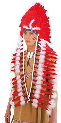 O27124 rot-weiß Damen Herren Indianer Kopfschmuck Feder Lang