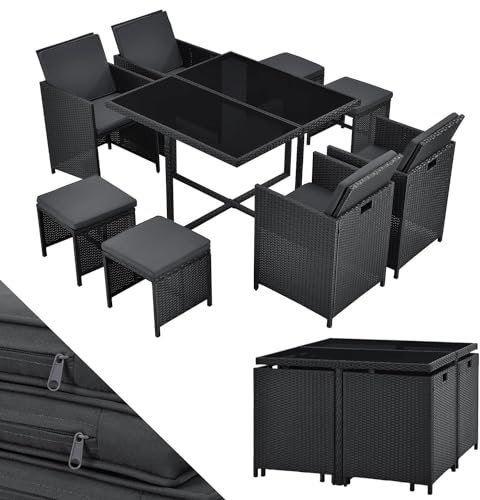 Juskys Polyrattan Sitzgruppe Baracoa L 9-teilig wetterfest, stapelbar - 4 Stühle, 4 Hocker, Tisch mit Glasplatte, Kissen - 8 Personen - Gartenmöbel Set für Garten, Terrasse