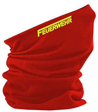 SHIRT-TO-GO Multifunktionstuch Alltagstuch Alltagsmaskenschal Maskenschal Mund- und Nasenschal Cover Abdeckung rot mit Aufdruck neongelb Feuerwehr - Retten Schützen Bergen Löschen