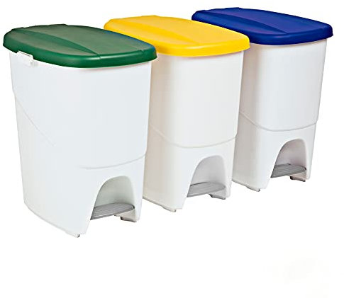 Denox Set de 3 Cubos de Reciclaje con Pedal 3x25L – Cubos de Basura Cocina con Tapa Amarillo Verde y Azul – Separadores de Residuos, Polipropileno Resistente y Fácil Limpieza