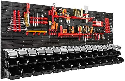 48 Stapelboxen Wandregal Kunststoff Deckel 172 x 78 cm Werkzeughalter Werkstatt Garage Lagersystem Sichtlagerkästen Schütte
