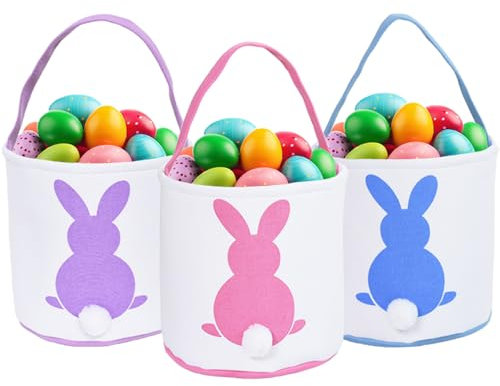 JugntyAc 3 Pcs Easter Bunny Basket Bags for Kids - Canvas Cotton Carrying Gift and Eggs Hunt Bag, Fluffy Tails Printed Rabbit Toys Bucket Tote for Girls & Boys (Pink, Purple, Blue)