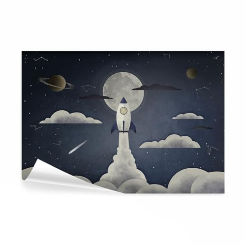 decomonkey Fototapete Kosmos 200x140 cm Design Tapete Fototapeten Vlies Tapeten Vliestapete Wandtapete moderne Wand Schlafzimmer Wohnzimmer Kinderzimmer Rakete Mond Himmel Blau Grau