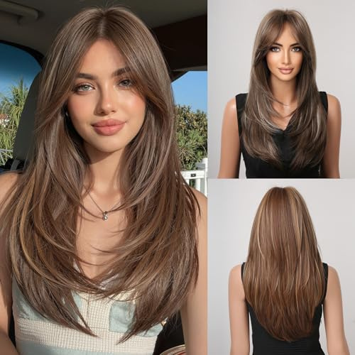 Esmee Pelucas Largas y Rectas para Mujeres Peluca de pelo Sintético en Capas con Flequillo para Uso Diario en Fiestas Cosplay- Marrón con Mechas
