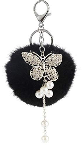 Canarea Schlüsselanhänger Plüsch Pompons Flauschige Taschenanhänger, Faux Kaninchen Pelz Plüschball mit Perlen Schmetterling Strass Kugel bommel Keychain für Handtasche Schlüssel Dekor (Schwarz)