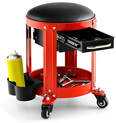 GYMAX Taburete Taller con Ruedas, hasta 150 kg, Taburete con Ruedas con Cajones Dobles, Soporte para Latas y 4 Ruedas Universales, Taburete Mecánico con Bandeja para Taller y Garaje