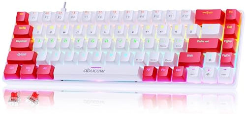 abucow 68-Key Mechanical Keyboard with Colorful Backlight 60% Gaming Keyboard Black-Gray Keycaps - Red Switches for a Premium Typing and Gaming Experience on PC and Mac (White-Red)