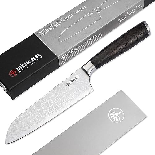 Böker SOLINGEN® Meisterklinge Damast Santoku - extrem scharfes Profi Kochmesser mit 16,5 cm Hybrid Damast Klinge - geschmiedetes Allzweck-Küchenmesser mit Räucher-Eiche Holzgriff in Geschenk-Box