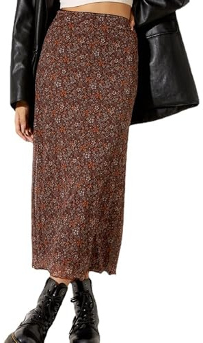 SOFIA'S Choice Damen Midi-Röcke, hohe Taille, Blumenmuster, A-Linie, Netzrock, Braun, Groß
