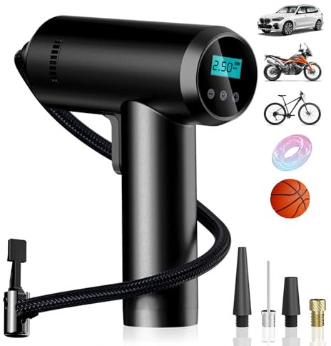 Newfun Cordless Tyre Inflator Air Compressor, Car Tyre Inflator 12V with 4 Nozzle Adapters, LED Light, Storage Bag, Digital Car Tyre Pump for Tyres, Motorcycle, Bicycle, Swimming Ring