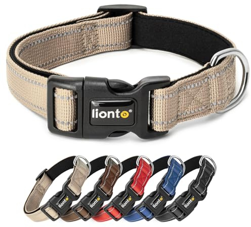 lionto Collier pour Chien en Nylon résistant, Taille M, Collier Doux et rembourré, réfléchissant à 360°, avec Fermeture à Clip, Anneau métallique et réglage continu, Beige