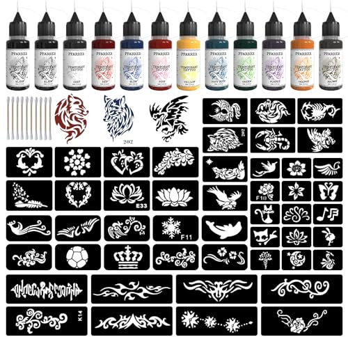 Tatuaggi temporanei del tatuaggio di colore 12 bottiglie, 49 grandi pezzi Stencils Kit per la pittura del corpo fai da te falsi tatuaggi per i bambini ZYH2309002KIT