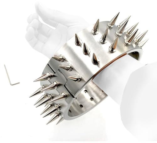 SM Schwere Metall Halsreif/Halsfessel Halsband mit 3 Reihe Abnehmbare Spike, Edelstahl Halsbänder BDSM Bondageset Fessel Set Sklaven Neck Kragen Fetisch Erotik Sex Spielzeug für Paare,Herren 13.7 cm