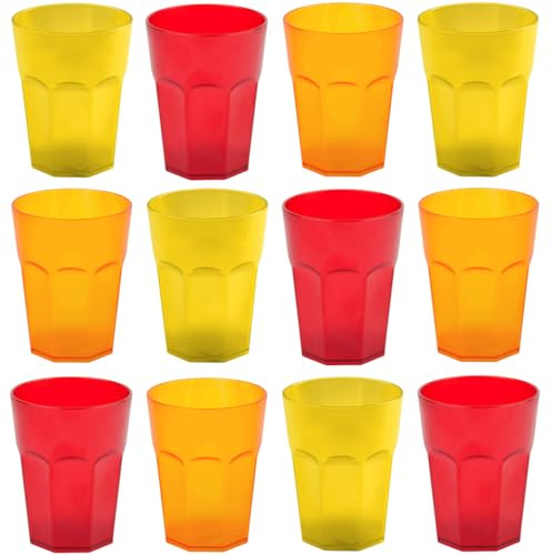 Engelland - 12 x Plastikbecher, Trinkbecher, bunter Farbmix, Cocktailbecher, 400 ml, mit Eichstrich, stapelbar, Mehrweg, Kunststoff, Frostoptik, wiederverwendbar, Party-Becher, Trink-Glas