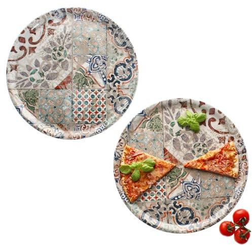 MamboCat 2er Set Pizzateller Alcazar I Ø 33 cm I für 2 Personen I große Pizzateller aus Porzellan mit mediterraner Fliesen-Optik I für Pizzen oder zum Anrichten I XL-Speiseteller, Servierplatte
