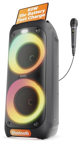 Tragbarer Partybox Bluetooth Lautsprecher | 80W Leistung und 5H Akku | Karaoke Maschine mit Mikrofon, TWS Multi Speaker Link, Xtra Bass, und LED-Licht | OAKCASTLE PS200
