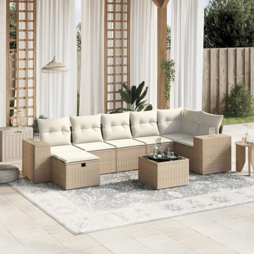 Rantry 8-TLG. Gartenmöbel Set mit Kissen Gartensofa Gartenlounge Balkonsofa Loungesofa Ecklounge Ecksofa Balkonmöbel Sitzgruppe mit Gartentisch Loungemöbel Beige Poly Rattan
