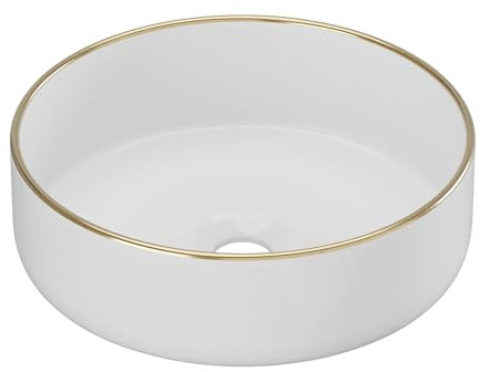 Vente-unique - Vasque à poser ronde en céramique - Blanc avec liseré doré - 36 cm - LENISO II