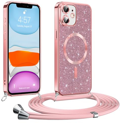 Phoona Coque pour iPhone 11 avec Cordon, Etui à Paillettes Compatible avec MagSafe, Antichoc Protection Coque pour Magnétique avec Réglable Collier, Rosa