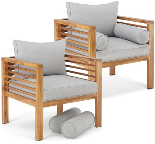 tectake® Lounge Gartenstuhl, moderner Holz Gartensessel, Balkonstuhl mit Sitzpolster und Kissen, Sessel mit Polster für Balkon und Garten, als Terrassenstuhl, Gartenmöbel Outdoor wetterfest - 2er Set