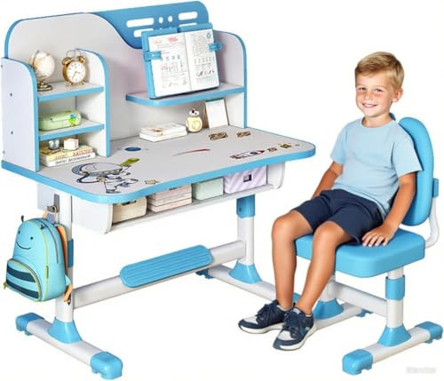 Kinder Schreibtisch Stuhl Set Höhenverstellbar Ergonomischer Schreibtisch für Grundschüler Mittelschüler 300KG Tragfähigkeit Astronautenmuster mit Regal Schublade für 3-18 Jahre Junge Weiß blau