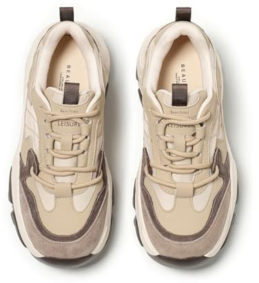 BEAU TODAY Chunky Sneakers for Women,Dad Shoes for Women,Lace Up Fashion Slip-on Comfortable Leather Tennis Shoes Brown US 5.5