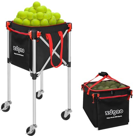 Zdgao Pickleball and Tennis Ball Hopper - Foldable Lightweight Basket Holds 180 Balls With Removable Bag, Wheel, Side Pocket for Training/Teaching - Baseball/Softball/Pickleball