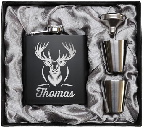 Jäger Geschenk Flachmann Hirsch mit Gravur Flachmann Jäger Geschenkidee Männer Schwarz
