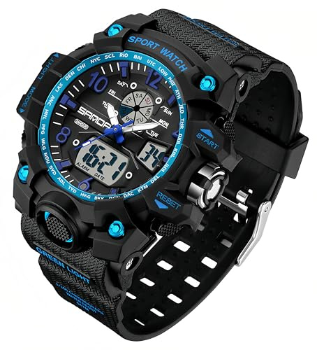 Gosasa Womens Digital Sports Watch 5ATM Waterproof Watch LED Light Large Face Analog Multifunctional Wrist Watches with Alarm Stopwatch Calendar Hourly Chime (Black Blue)