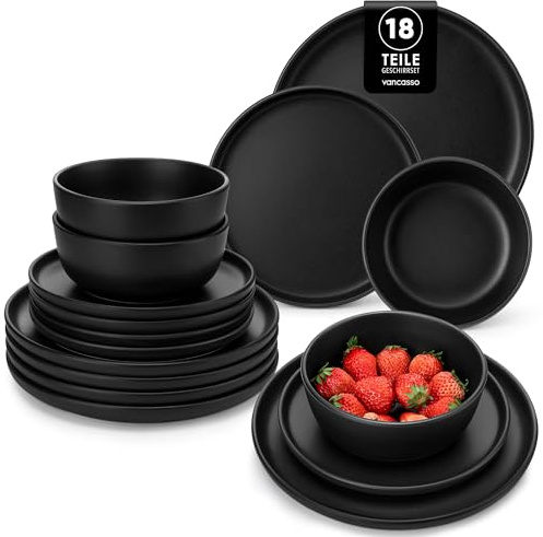 vancasso Black Plates and Bowls Set for 6, Stoneware Dinner Set 18 Piece, Elegant Dinnerware with Matte Glaze, Modern Style Playa Dinner Sets