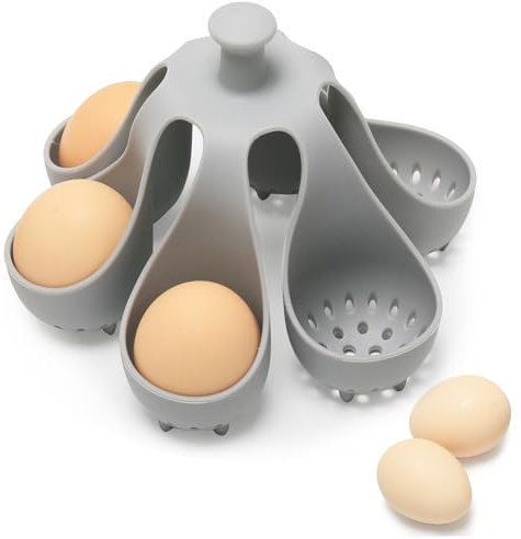 Dacthuw Silicone Egg Boiler Rack for Hard Soft Boiled Eggs, Food Grade Silicone Egg Boiler Cooker with 6 Holders, Kitchen Gadget for Cooking/Serving Eggs with Handle, Dishwasher Safe