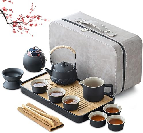Japanisches Teeservice, Chinesische Teekanne Set, 14 Stück tragbares Kungfu-Teekannen-Set, schwarzes Keramik-Teekannenset mit 6 Teetassen&Tablett, traditionelles Keramik-Teeset für Teeliebhaber