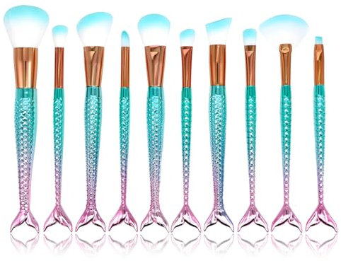 10 Pezzi Pennelli per il Trucco con Sirena da Donna, Set di Pennelli Cosmetici per Fondotinta in Polvere per Sopracciglia, Eyeliner