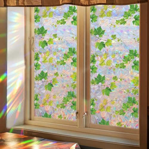GORGECRAFT Adhesivos para Ventanas 111x45cm con Hojas Verdes Grandes Calcomanías Estáticas para Ventanas Vinilo Extraíble No Adhesivo para Puertas de Vidrio Película de Privacidad Atrapasol Arcoíris
