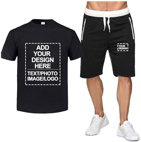 CLMETHE Tuta estiva personalizzata da 2 pezzi per uomo con logo personalizzato, nome, testo e foto, abbigliamento da lavoro, t-shirt e pantaloncini in cotone personalizzati.,B-XL