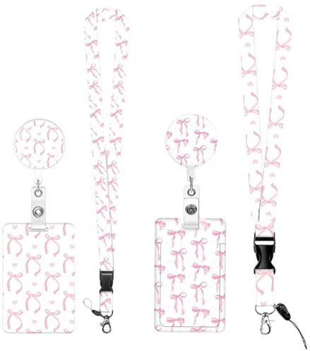 2 Kit Rosa Bow Ausweishülle mit Band,Ausweishülle,mit Ausziehbarer Schlüsselanhänger,mit Schlüsselband,Kartenhüllen mit Fliege Muster,für Frauen, Lehrer, Krankenschwester, Ärzte,Studenten (Kit 1)