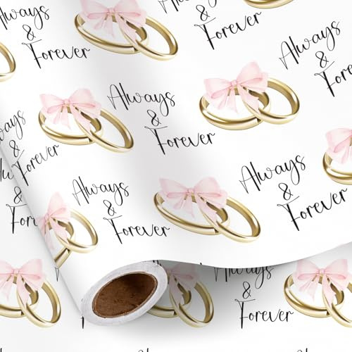 RUSPEPA Bröllopspappersrulle, minirulle, rosa bågar och gyllene ringar med texten Always & Forever, elegant presentpapper för bröllop, årsdagar och möhippor, 43,2 cm x 5 m