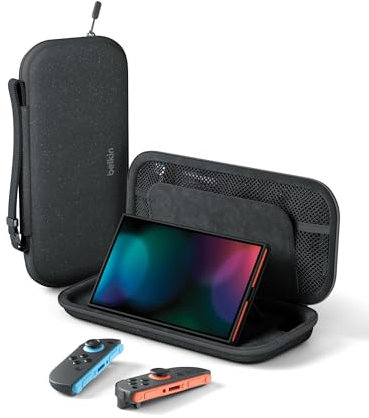 Belkin Gaming Nintendo Switch 2 reseväska med hållare för AirTag och ficka för spelförvaring - bärbar lätt väska med hårt skal och mjuk insida, nödvändiga speltillbehör för resan - Träkol