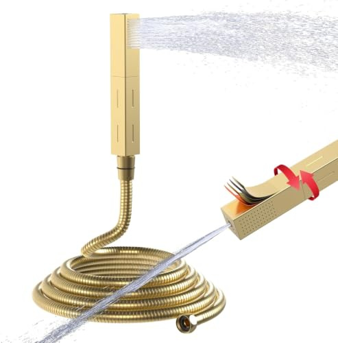 2 in 1 Function Handheld Shower Head and Hose Brushed Gold (Without Holder) | Water Saver, Brass Square Pencil Shower Wand, High Pressure Dual Function Hand held with 59 Inch stainless steel Shower Hose