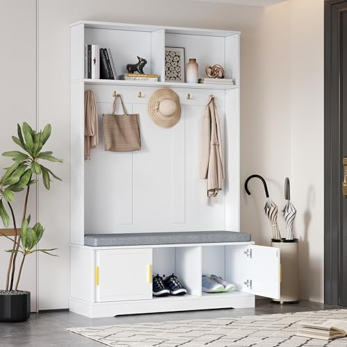 Set appendiabiti con panca e scarpiera, appendiabiti con panca per scarpe, guardaroba, 6 ganci tripli, autoportante, salvaspazio, per ingresso, corridoio