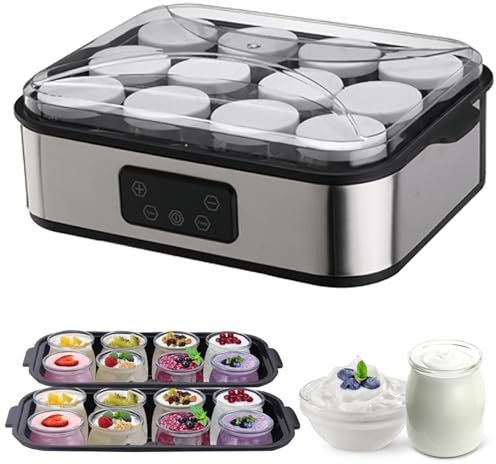 Machine à Yaourt 2.2L, Machine à Yaourt Probiotique, Pot Intérieur en Acier Inoxydable 304 et 12 Tasses Portables, Temps et Température Ajustables pour Desserts Sains Maison, Fête, Restaurant