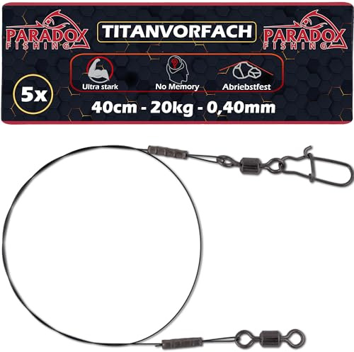 Paradox Fishing 5 Stück Titan-Vorfach 8kg/12kg/20kg (25cm/40cm) mit Karabiner Wirbel - für Hecht Köder - Keine Memory Effekt perfekt zum Spinnfischen - Vorach Angeln