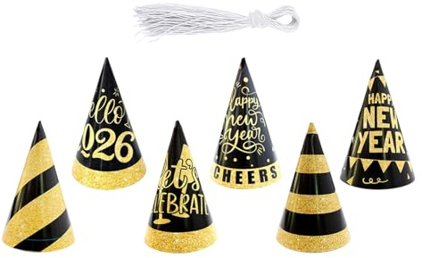 Chenxi Studio 2026 Silvester-Party-Hüte, 6 Stück, schwarz-goldener Glitzer, Kegel-Kopfbedeckung mit Riemen, für Erwachsene und Kinder, Partyhüte
