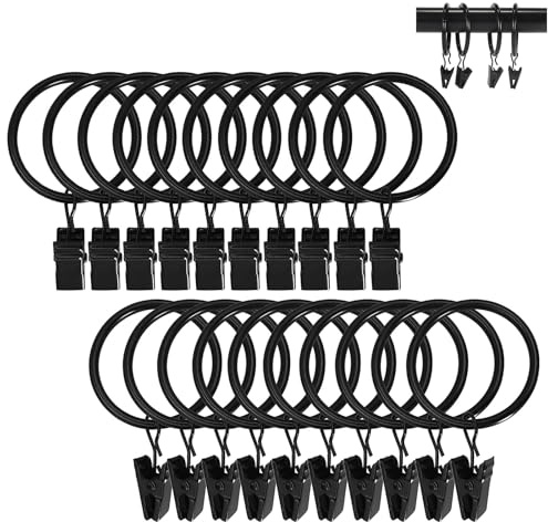 YTAXYZWR Anelli per Tende 20 Pezzi Neri, Ganci in Metallo antiruggine da 32 mm, Accessori per Tende da Finestra e Doccia, Anelli appenditenda Resistenti e scorrevoli per bastoni Standard